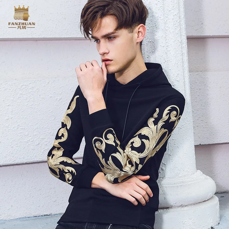 

Fanzhuan New Free Shipping fashion casual Men's male man 2018 Spring autumn Baroque Embroidered Hooded Sweatshirt Black 815085