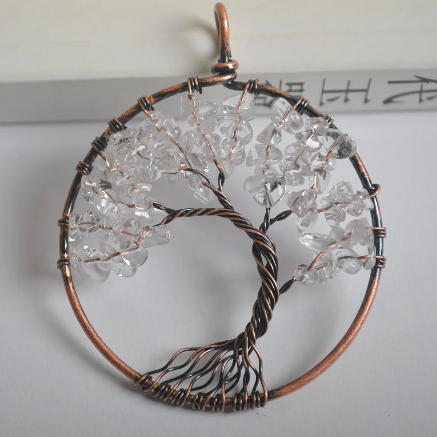 Szczęście ręcznie drzewo życia Clear Quartz brąz miedź Wire Wrap wisiorek – biżuteria dla kobiety prezent S1289