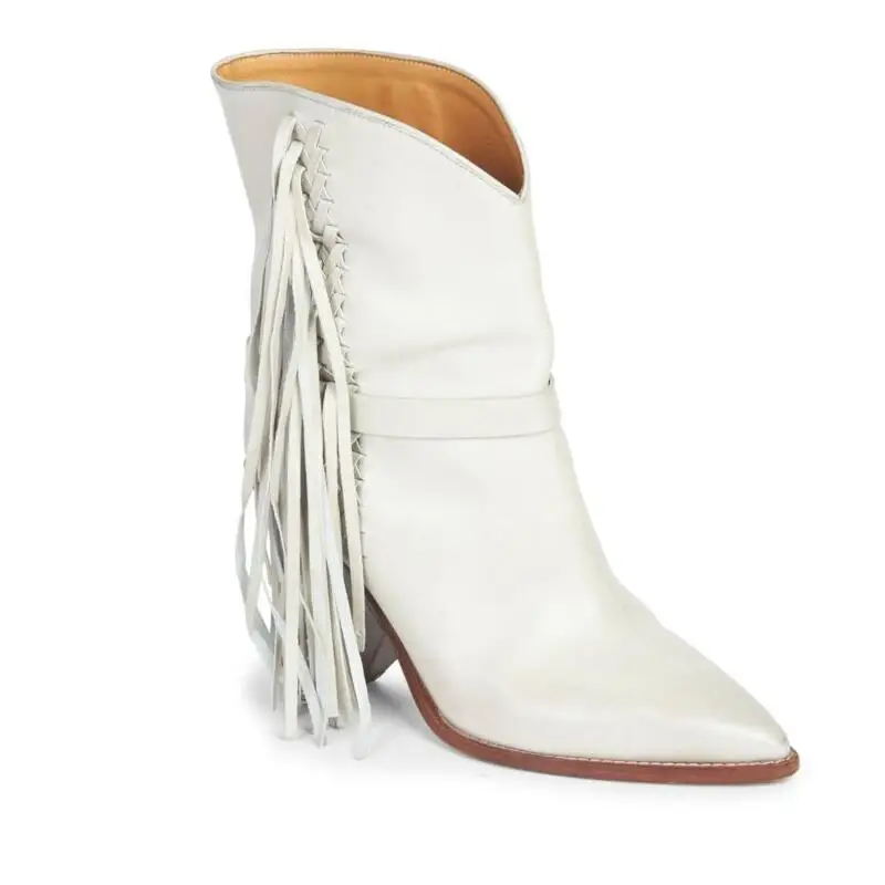 

Western White Mid-calf Chunky Wedges Boots Pointed Toe Fringe Motocycle Ankle Booties Slip On Runway Biker Boots Punk Shoes