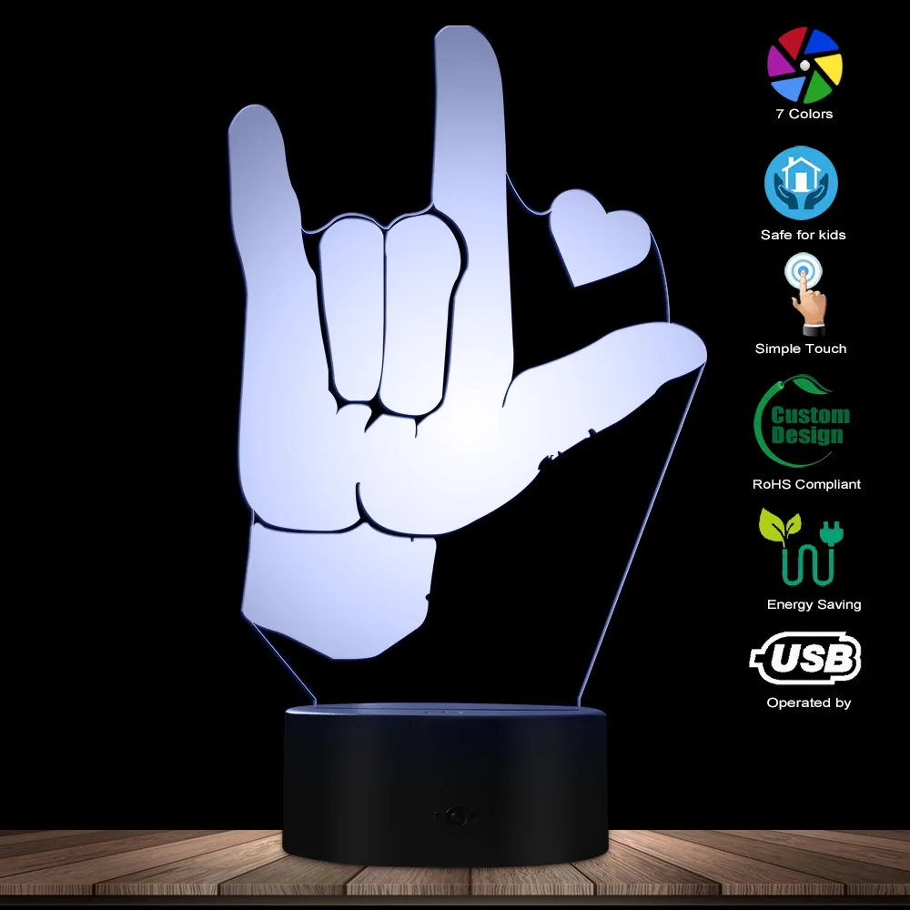 I Love You ASL American Sign Language 3D ภาพลวงตา USB Modern Night โคมไฟเรืองแสง LED Light Home Decor โคมไฟตั้งโต๊ะ