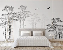 Custom 3d Wallpaper black and white minimalist large tree flying bird Mural home decoration living room bedroom Background walls