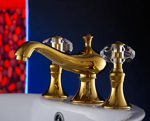 

Free ship GOLD Color WIDESPREAD LAVATORY BATHROOM WASHBASIN SINK FAUCET Double crystal handles knobs faucet mixer tap