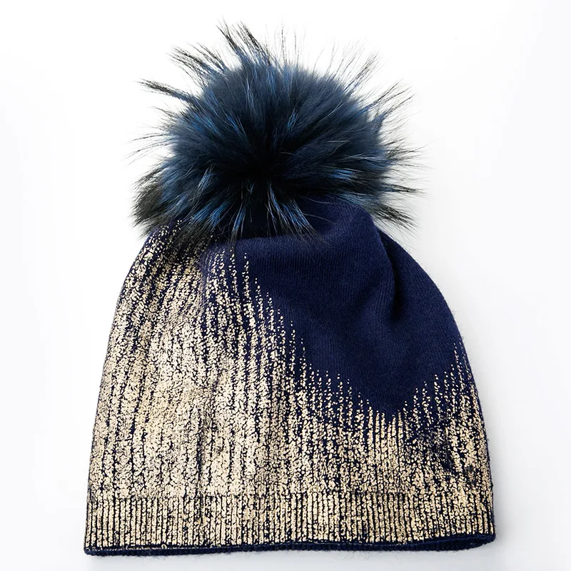 Wool Blends Metallic Beanie Knit Hat With Fur Pom Pom Slouchy Women Winter Hats