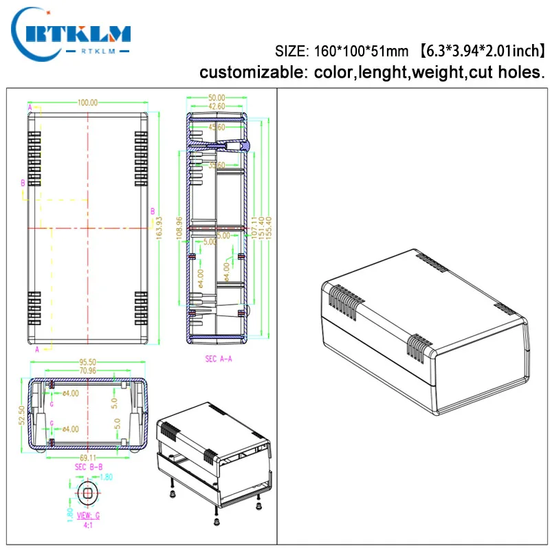 Plastic instrument case DIY electric plastic project box abs plastic enclosures for electronics junction box 160*100*51mm 1piece