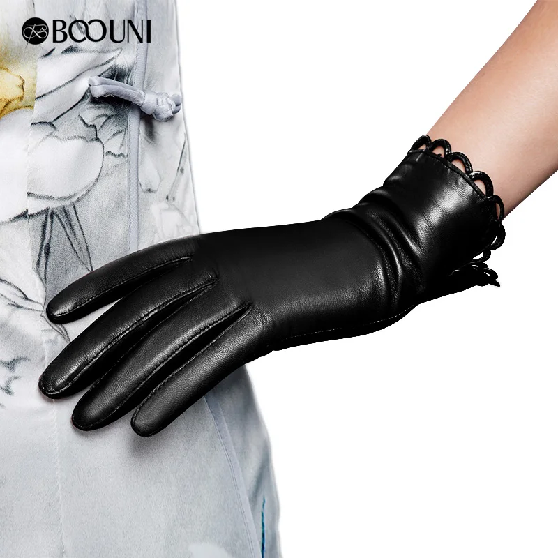 BOOUNI Genuine Leather Gloves Fashion Trend Women Sheepskin Gloves Thermal Winter Velvet Lining Finger Driving Glove NW671