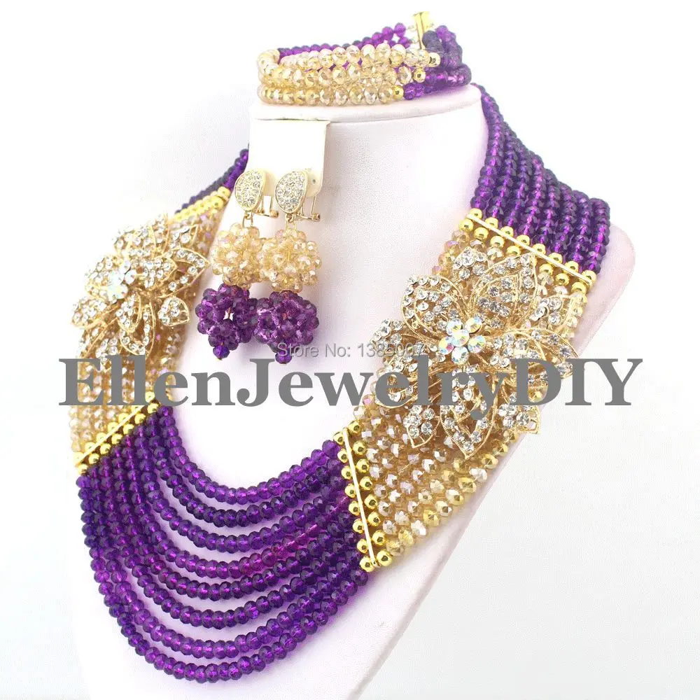 Purple Dubai Crystal Beads women statement Necklace Set African Beads Jewelry Set for Nigerian wedding bridal W7984