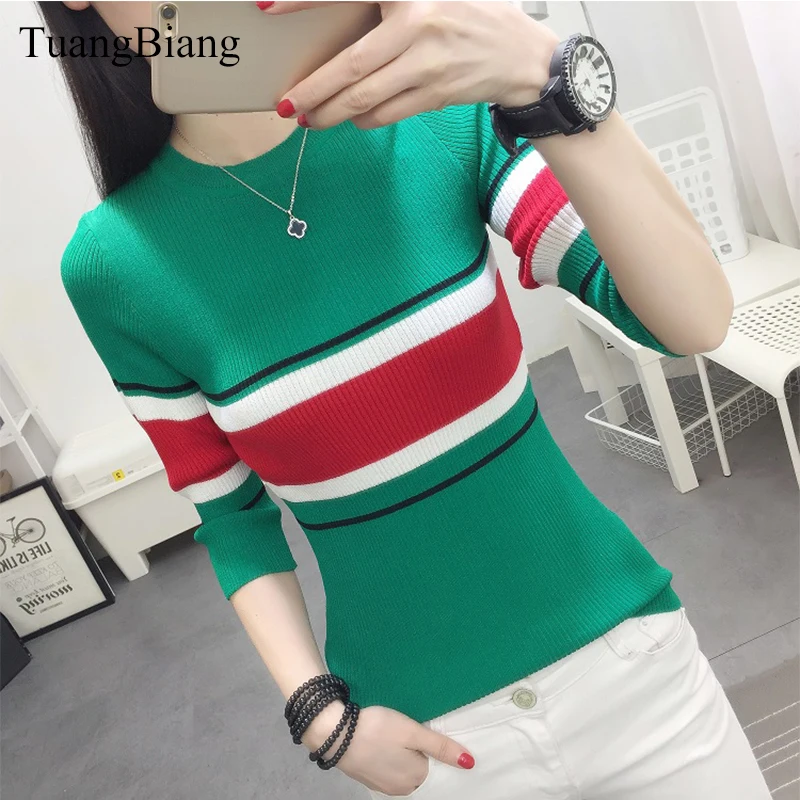 2023 Spring Women Half Sleeve Sweaters Slim O-Neck Striped Pullovers Sweaters Female Autumn Elasticity Bottoming Cotton Jumpers