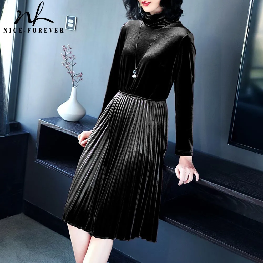 

Nice-forever Winter Women Vintage Velvet Dresses Business Casual Office Pleated Elegant Turtleneck Dress TM002