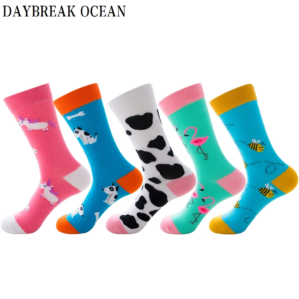 

Unisex 5 Pairs Combed Cotton Men's Socks Funny Horse Dog Cow Flamingo Bee Socks Fashion Colorful Autumn Winter Happy Crew Socks