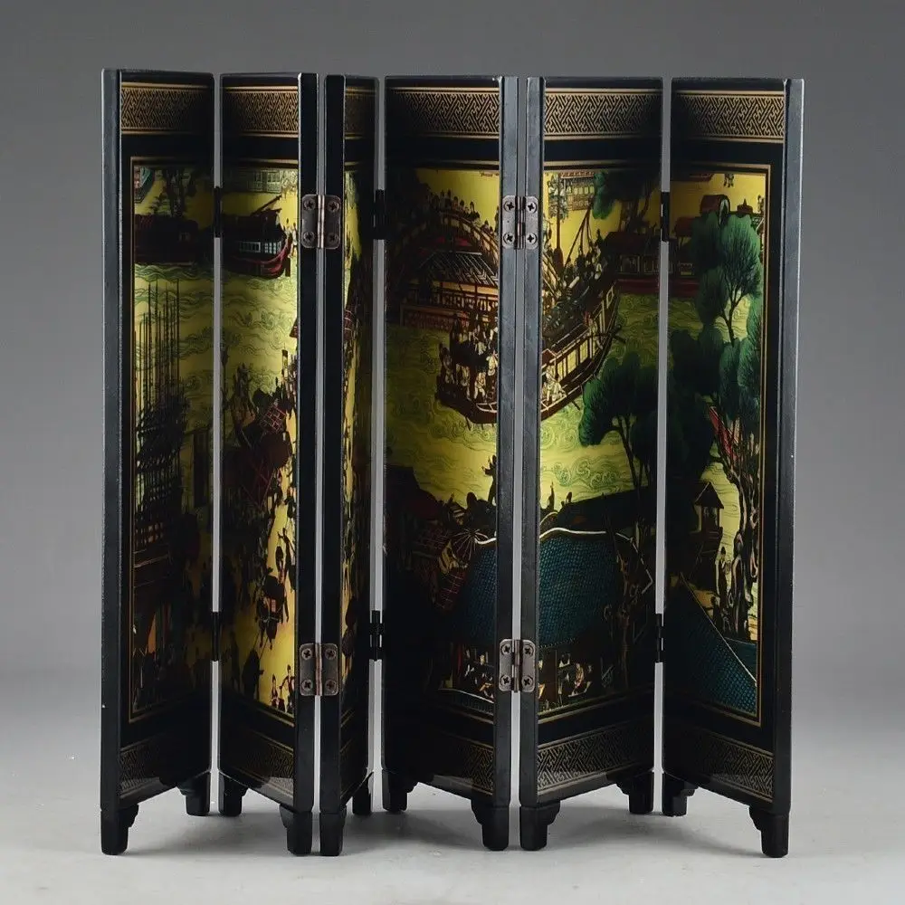 CHINESE LACQUER WARE HAND PAINTING QINGMING FESTIVAL HOME  folding screen DECOR