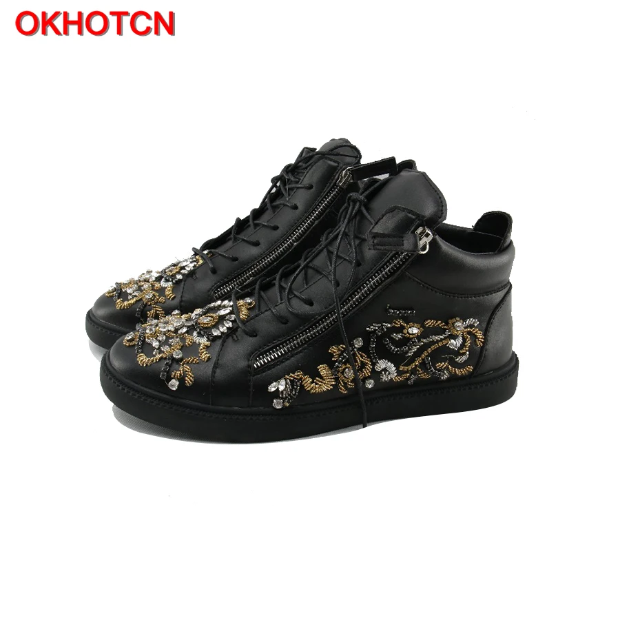 OKHOTCN Black Leather Side Zip Men Casual Shoes Designer Rhinestone Floral Men Sneakers Crystal Spiked Lace UP Chaussure Homme