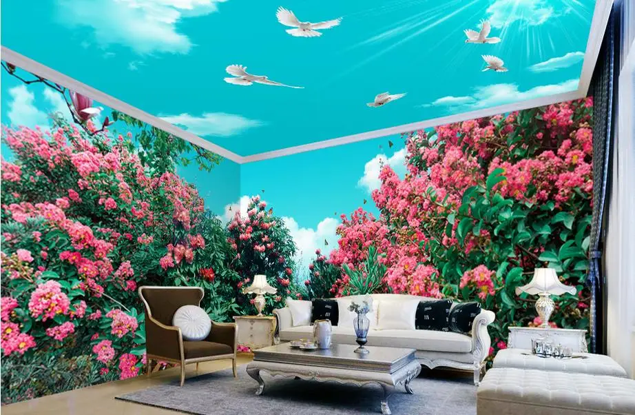 

custom 3d ceiling murals Flowers, butterfly, blue sky, white clouds, whole house, theme space, background wall wallpaper