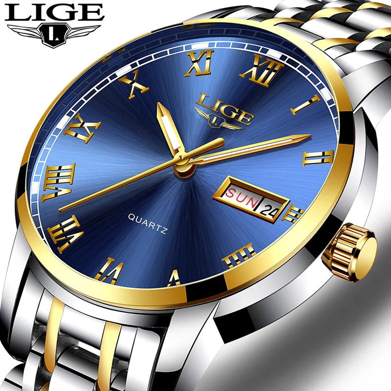 LIGE Luxury Brand Men Stainless Steel Gold Watch Men\'s Quartz Clock Man Sports Waterproof Wrist Watches relogio masculino