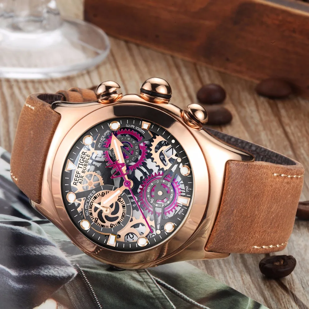 Men's Reef Tiger RT Skeleton Sport Watch Rose Gold Luminous Quartz Movement Genuine Leather Strap RGA792