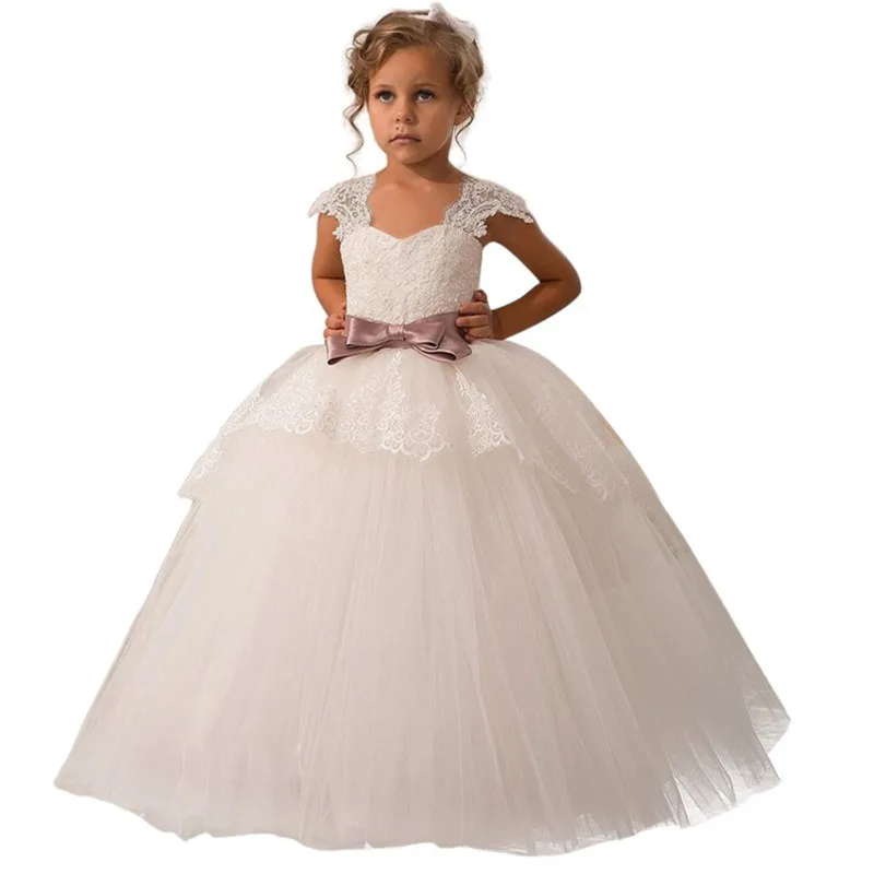 Lace Flower Girls Dresses for Wedding Ruffles Ribbon Bow Sash Girls First Communion Dresses Prom Party Gowns