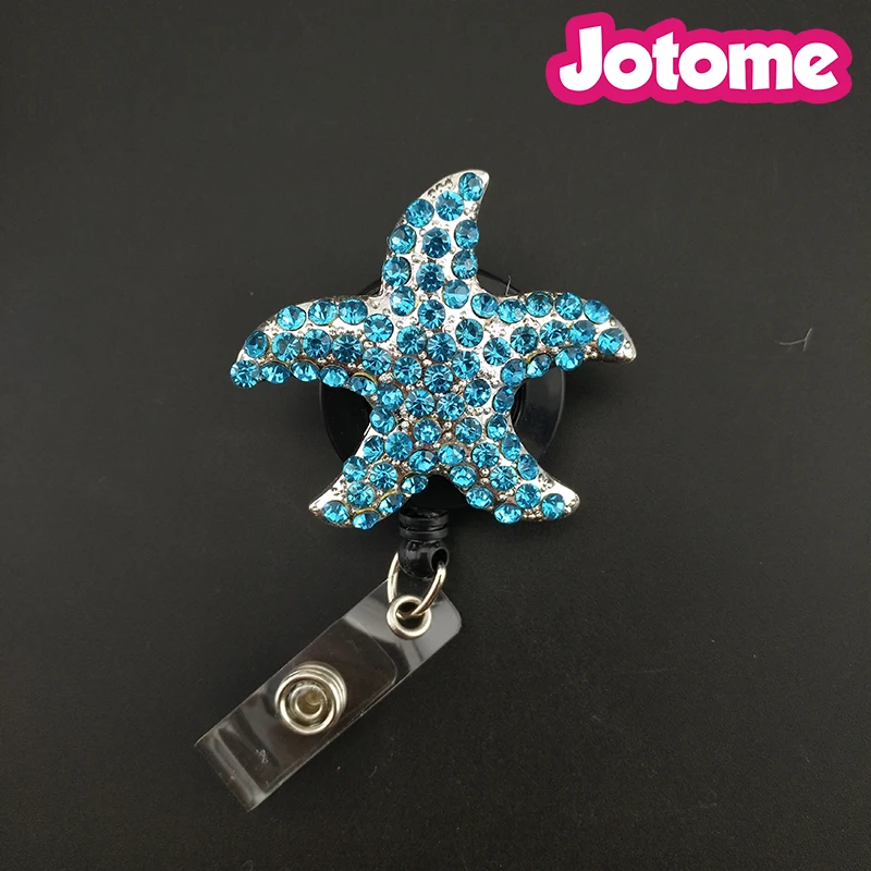 100PCS/Lot Blue Rhinestone Starfish Brooch Animal Silver Plated Nurse Retractable ID Badge Reel Holder