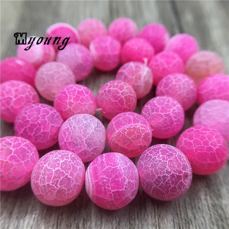 5Strands Matte Fuchsia Crackle Agates Beads,Pink Round Frosted Fire Dragon Veins Agates Loose Beads MY0192