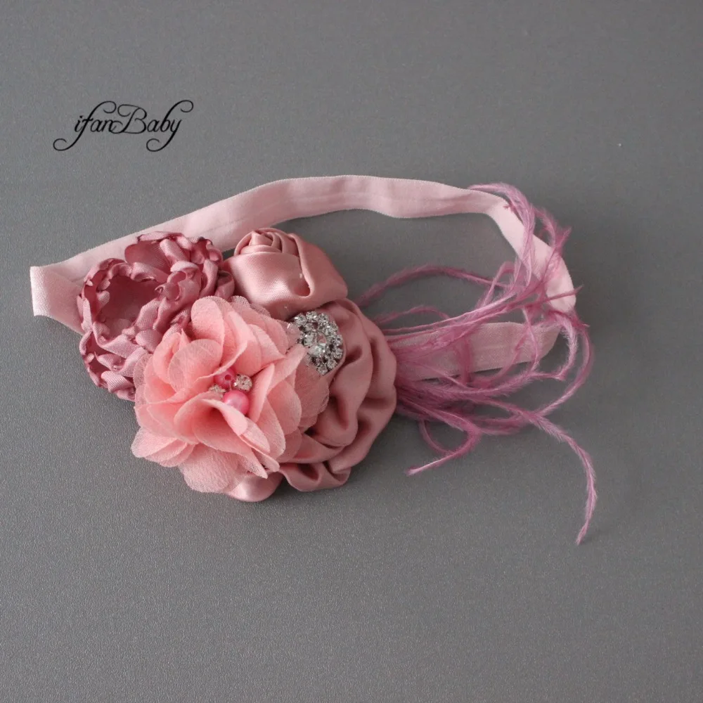 Boutique infant baby flower headband burn satin fabric Rose flower headband with feather pearl Rhinestone