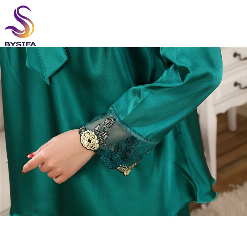 [BYSIFA] Summer Ladies Nightgown Pajamas Set Home Apparel Sleep Lounge Women Dark Green Embroidery Silk Sleepwear Long Sleeves