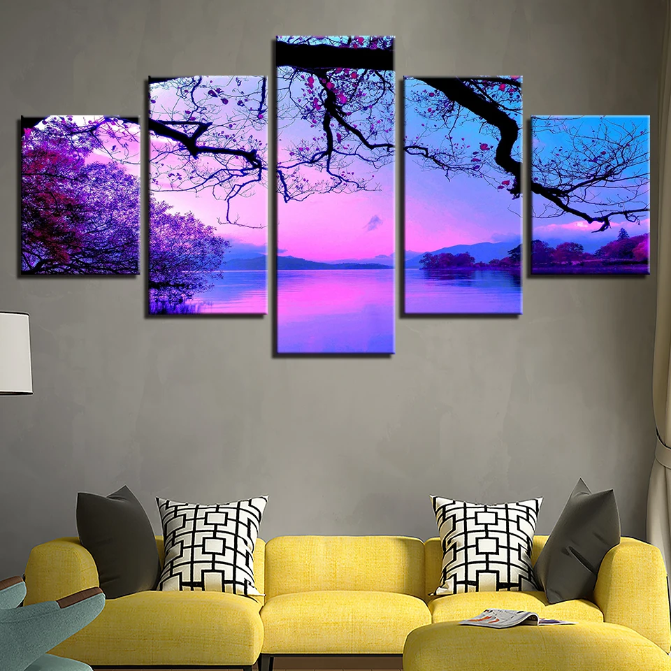 

Purple Sunset Trees Lake Landscape Canvas Wall Art Paintings Living Room Home Decoration 5 Pieces Pictures HD Prints Poster