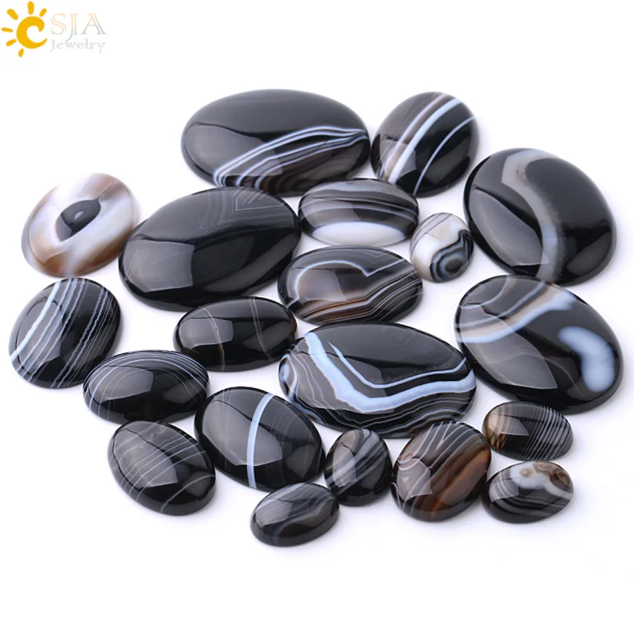 CSJA Natural Stone Black Veins Agates Cabochon Bead for DIY Ring Pendant Earrings Jewelry Accessories Flatback Stripe Beads F807