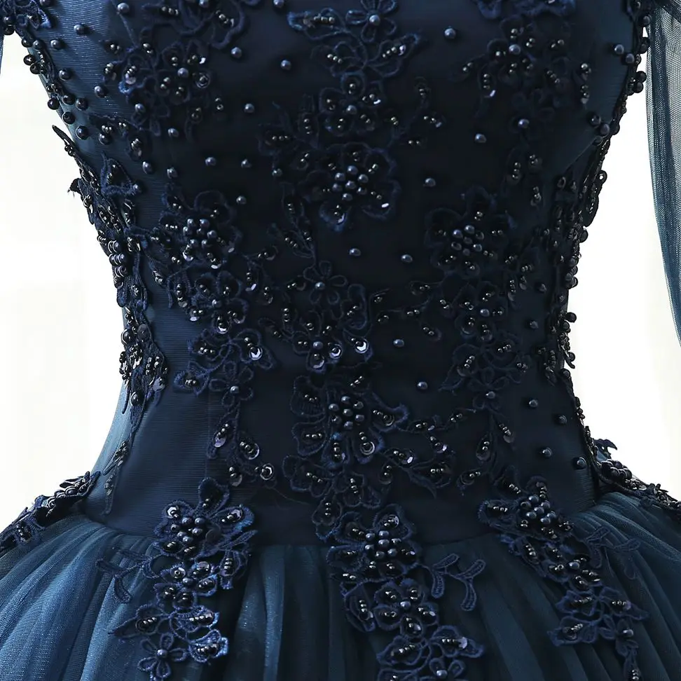 Vestido de encaje de manga larga para niña, traje de baile de quinceañera con cuentas, para baile de máscaras, azul marino, 16 vestidos, 15 años