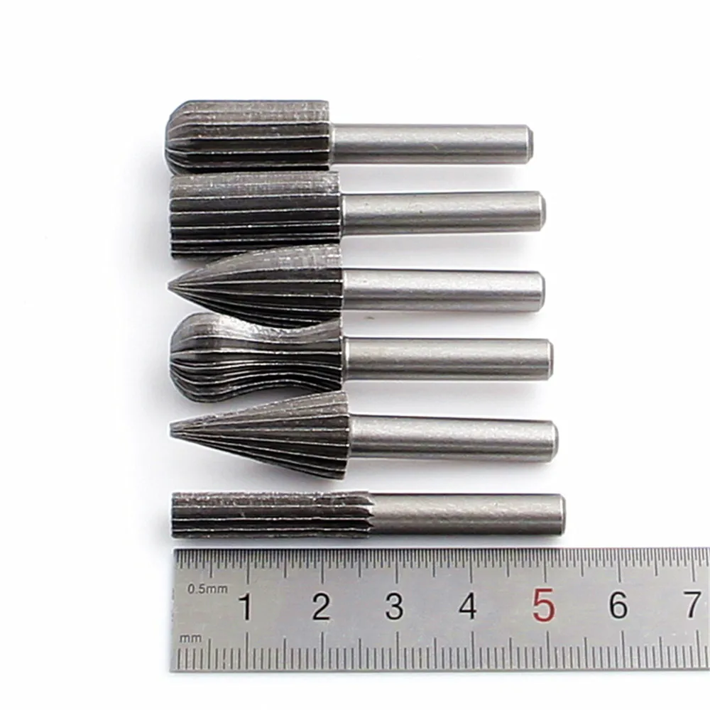 6 pçs 6mm haste redonda de aço tungstênio rebarbas rotativas cortador gravura moagem bit para ferramentas rotativas carpintaria diy