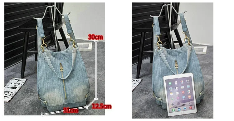 Washed Denim Women backpack Big Jean multifunctional backpack female shoulder bag Casual Travel Bags Rucksack blue  Mochila Bols