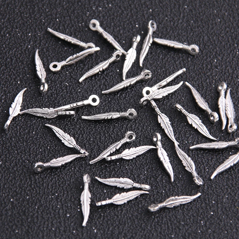 80PCS 2*16mm Two Color Vintage Metal Zinc Alloy Small Feather Charms Fit Jewelry Animal Pendant Charms Makings