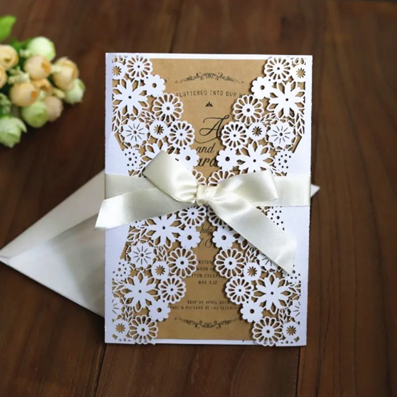 

White floral wedding invitation envelop flower laser wedding anniversary invite frame multi colors party event supply