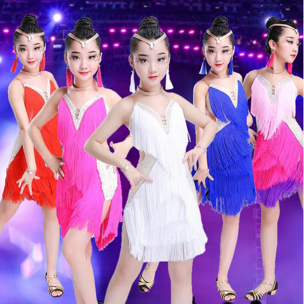 Sequined Girls Kids Junior Club Latin dance Dresses Children Tassels Modern Ballroom Latino Dresses For Dancing Outfits fringes