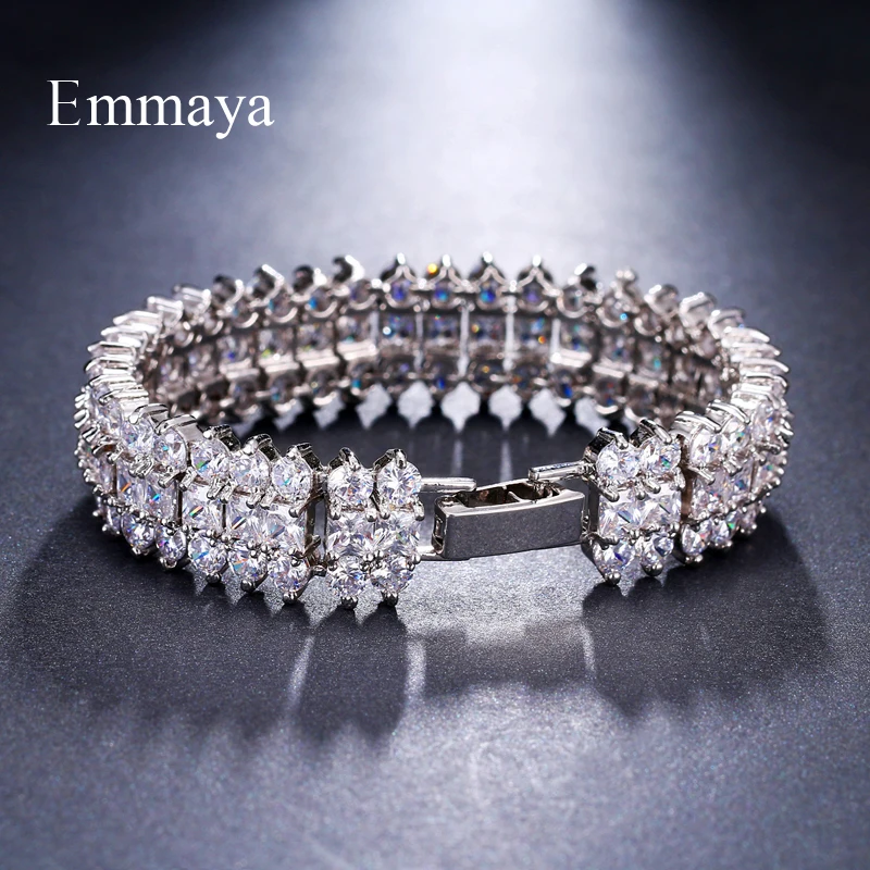 Emmaya Luxury Crystal 3 Rows Bracelet Zircon Silver Color Bangles For Women Pulseiras Bijoux Femme Bridal Wedding Jewelry