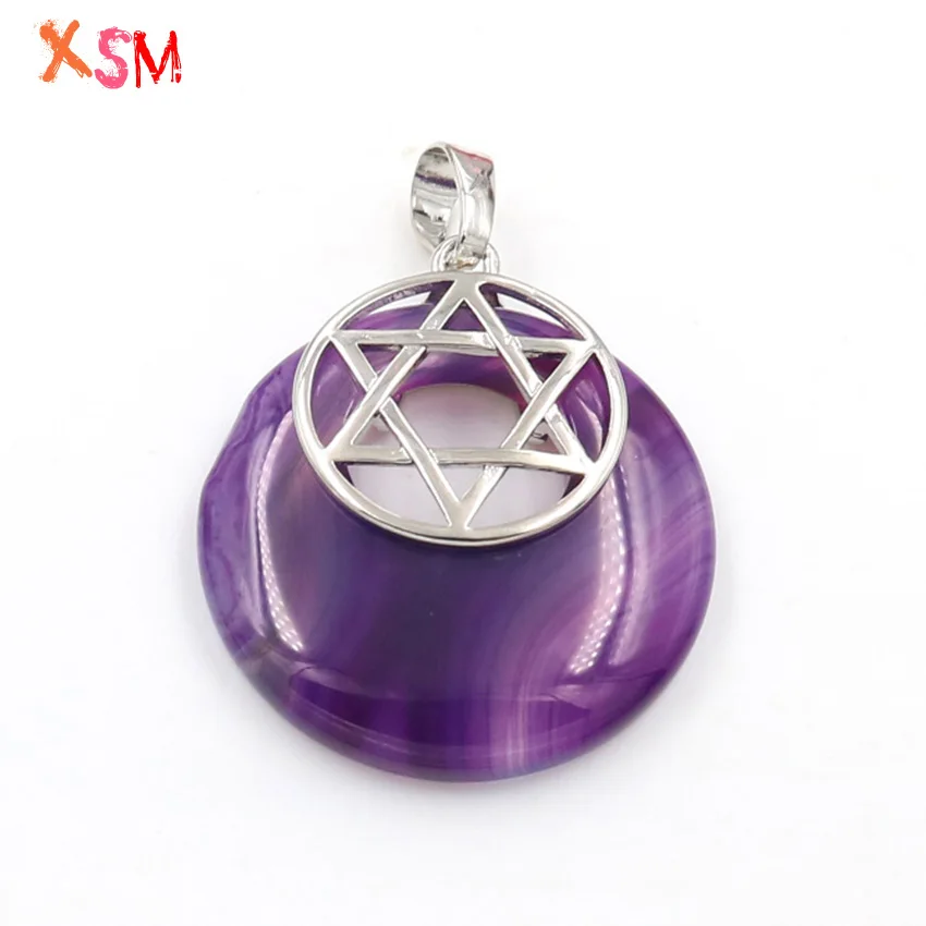 xinshangmie Star of David Round Hollow Pendant for Necklace Natural Amethysts Abalone Shell Rock Crystal Women Men Jewelry 1 Pcs