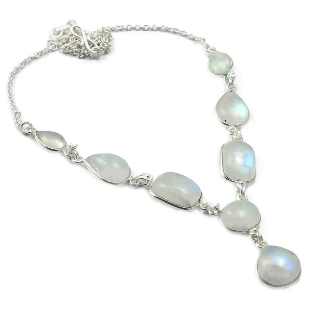 

NiaoZaiFei YunZaiKan Nature Rainbow Moonstone Necklace 925 Sterling Silver, 48 cm, MHBNE0026