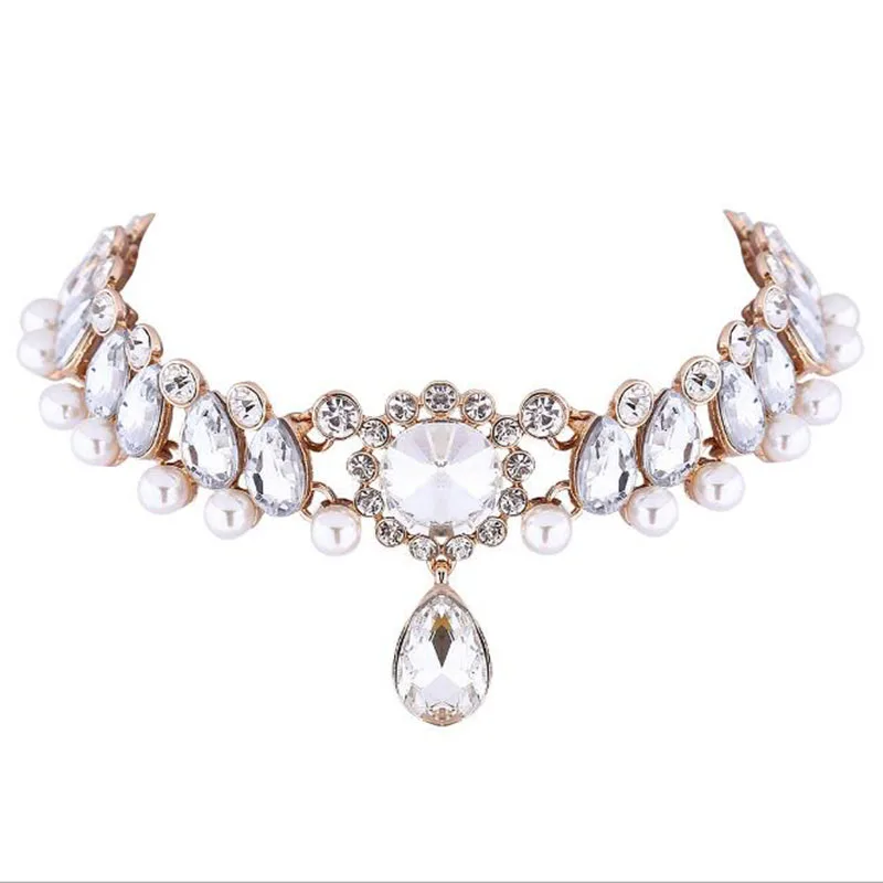 Luxury Crystal Imitation Pearls Choker Necklace For Bridal Elegant Rhinestone Alloy Statement Collar Choker Fashion Jewelry