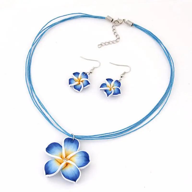 Women\'s sweet Plumeria Flowers Jewelry Sets Polymer Clay Fimo Earrings  Pendant Necklace