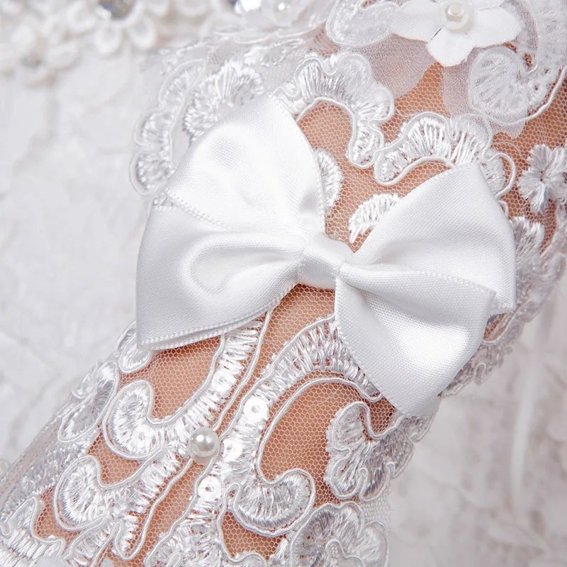 JaneVini White Long Fingerless Wedding Gloves With Pearls Bow Women Bridal Lace Aplique Wedding Glove Elbow Length Bride Gloves