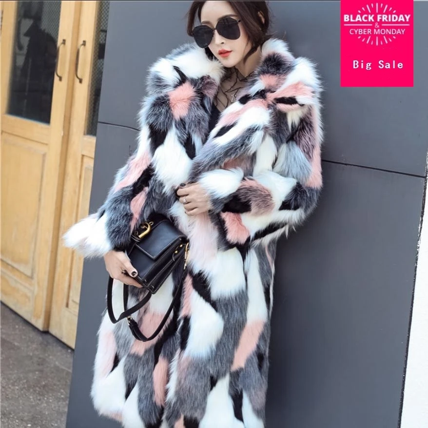 Winter women's coat faux fox fur parkas patchwork fur long sleeve coat female imitation fur overcoat slim casual outwear L1559