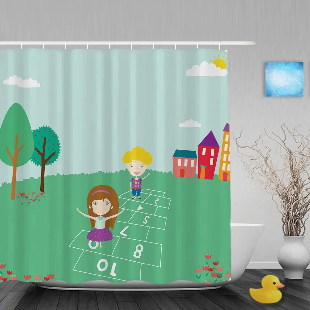 Cartoon Cute Elements Kids Shower Curtain Boys Girls Playing Games Bathroom Curtains Waterproof Polyester Fabric With Hooks