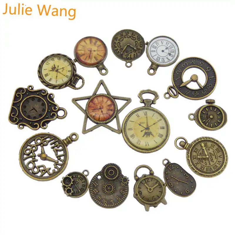 Julie Wang 10pcs Antique Bronze Alloy Random Mixing Clock Charms For Necklace Pendant Finding Jewelry Making Metal Accessory