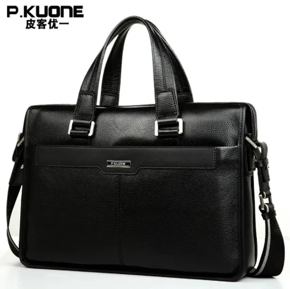 P.KUONE Genuine Leather men\'s Briefcase Business Shoulder Bag Casual Travel Handbag Messenger Bag for 15 inch notbook