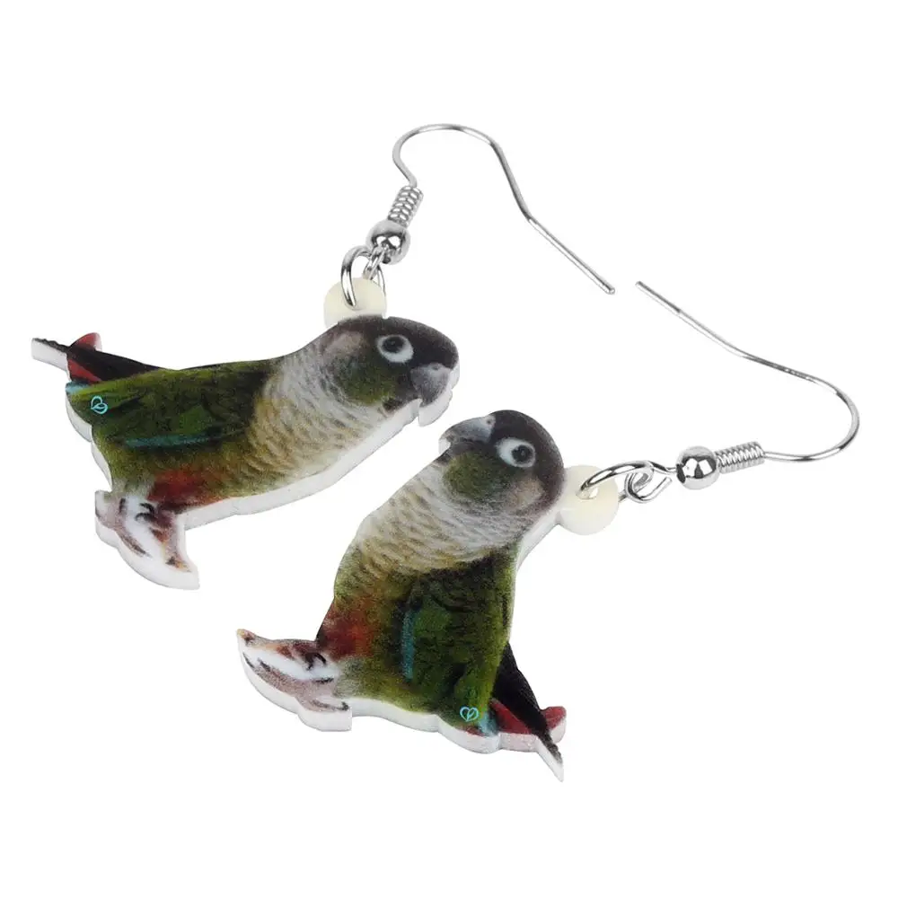 WEVENI بيان الاكريليك الأخضر-الخد Conure الببغاء الطيور انخفاض الأقراط استرخى شخصية مجوهرات للنساء بنات هدية الديكور