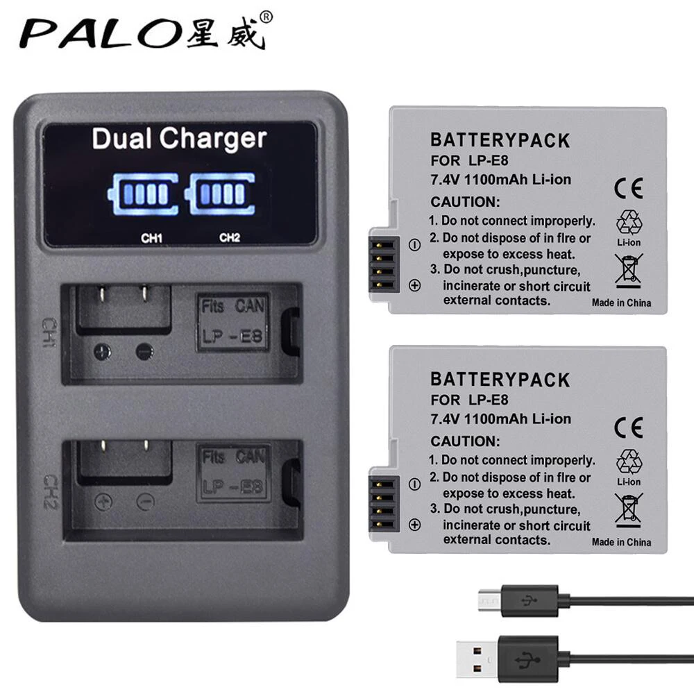 

PALO 2pcs LP-E8 LPE8 LP E8 Camera Battery For Canon EOS 550D 600D 650D 700D X4 X5 X6i X7i T2i T3i Battery+ 1 LCD Twofold Charger