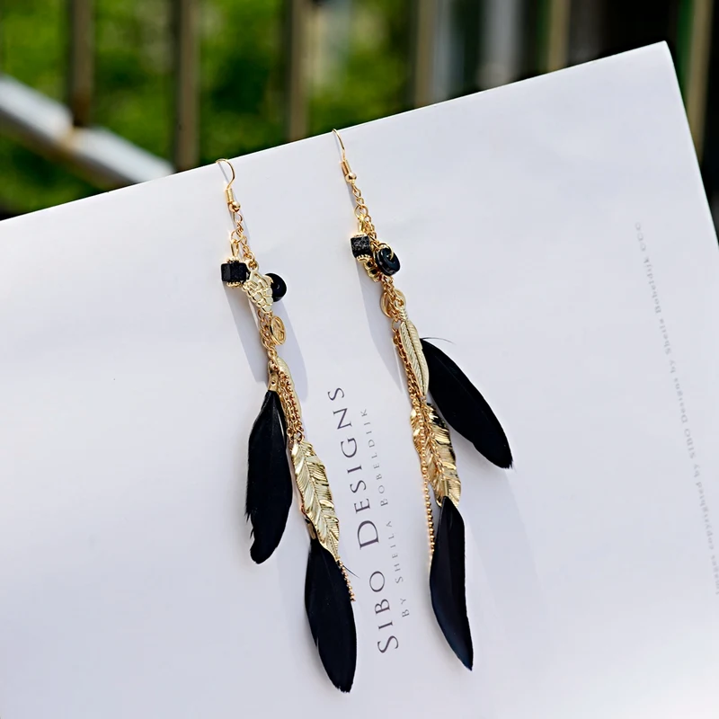 Bohemian Gold Color Long Alloy Tassel Earrings Women Kolczyki Vintage Wood Beads Feather Statement Earrings Fashion Jewelry 2019