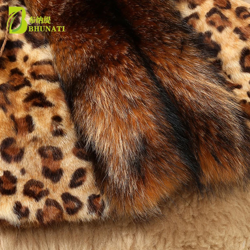 Boutique Women's Autumn Winter Faux fur Jackets Leopard Mink Fur Coats Faux Raccoon Fur Collar Plus Size Fur Jackets