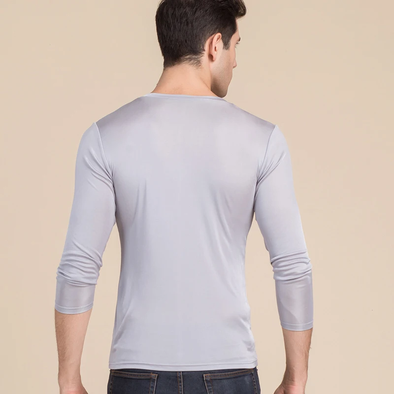 Men basic T shirt 100%Natural Silk V neck Solid shirt long Sleeve top Mens silk top White Black Grey 2022 New Spring Summer