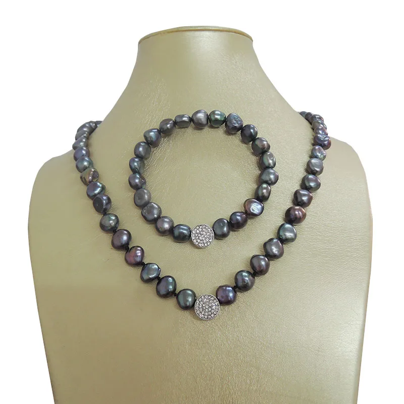 100% NATURE FRESHWATER PEARL JEWELRY SET  NECKLACE AND BRACELET-BAROQUE SHAPE IN BLACK COLOR PEARL WITH CRYSTAL ACCESSORIES
