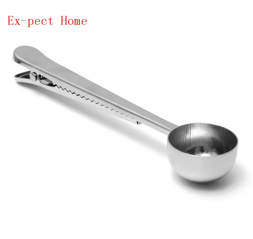 200 pcs New Arrive Stainless Steel Ground Coffee Measuring Scoop Spoon With Bag Seal Clip Silver