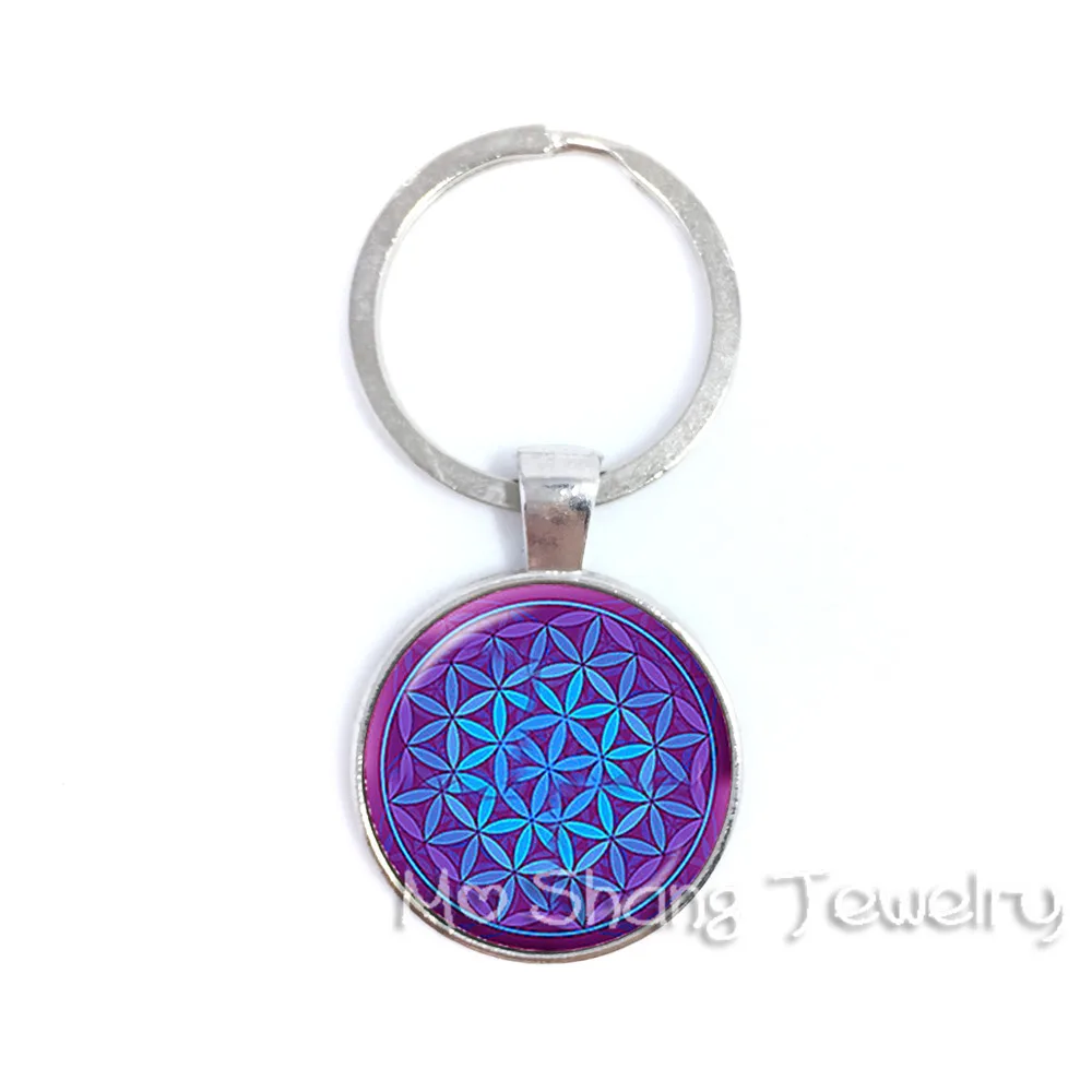 Flower of Life Key Chain Ring Sacred Geometry Jewelry OM Pendant Keychain Buddhism Yoga Mandala Glass Dome Key Chains