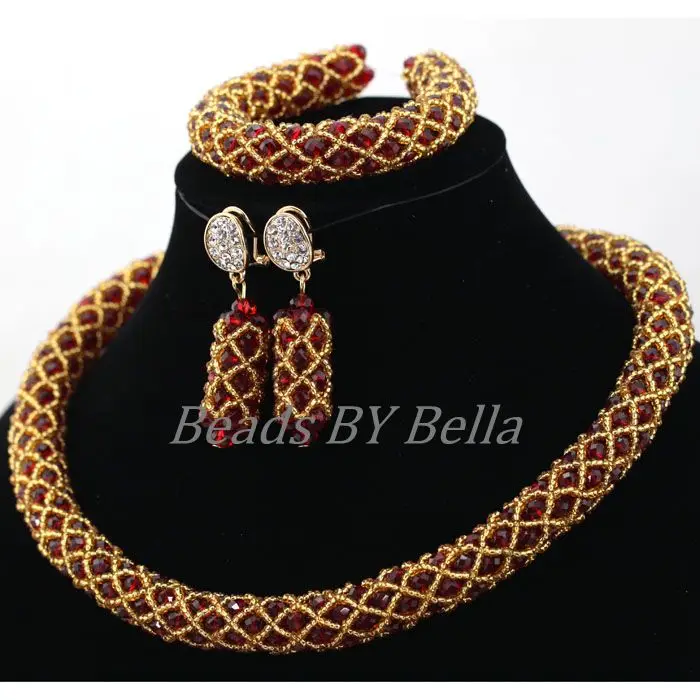 New Nigerian Wedding Champagne Necklace Gold Seed Beads Handmade Wine Crystal African Costume Jewelry Sets Free Shipping ABK979